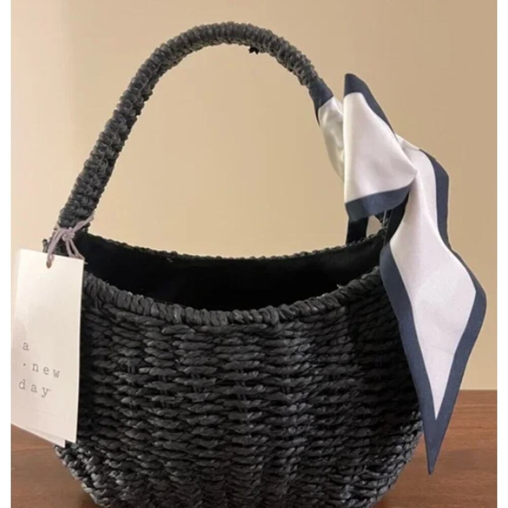 Straw Mini Bag with Bow - A New Day™ Black Woven Paper Straw Structured s23 - Picture 2 of 8